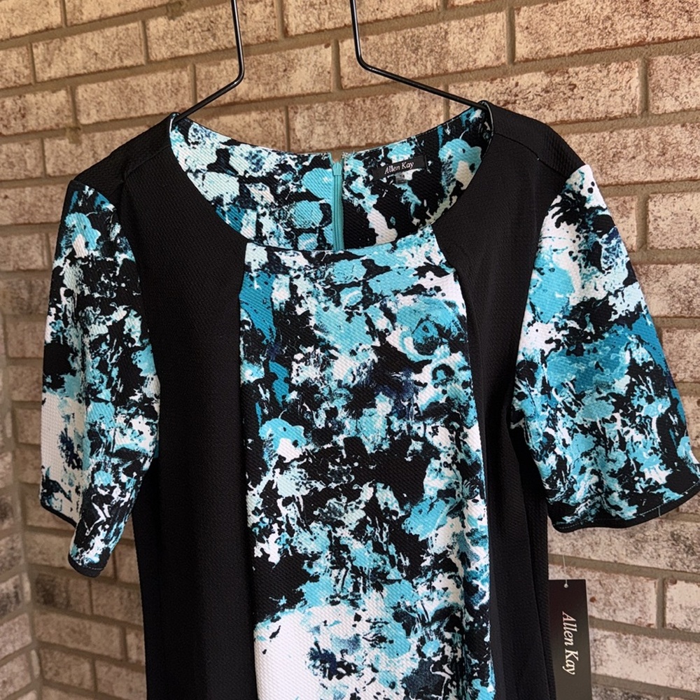 NWT Allen Kay Slimming Teal White Black Curvy Dress sz 14